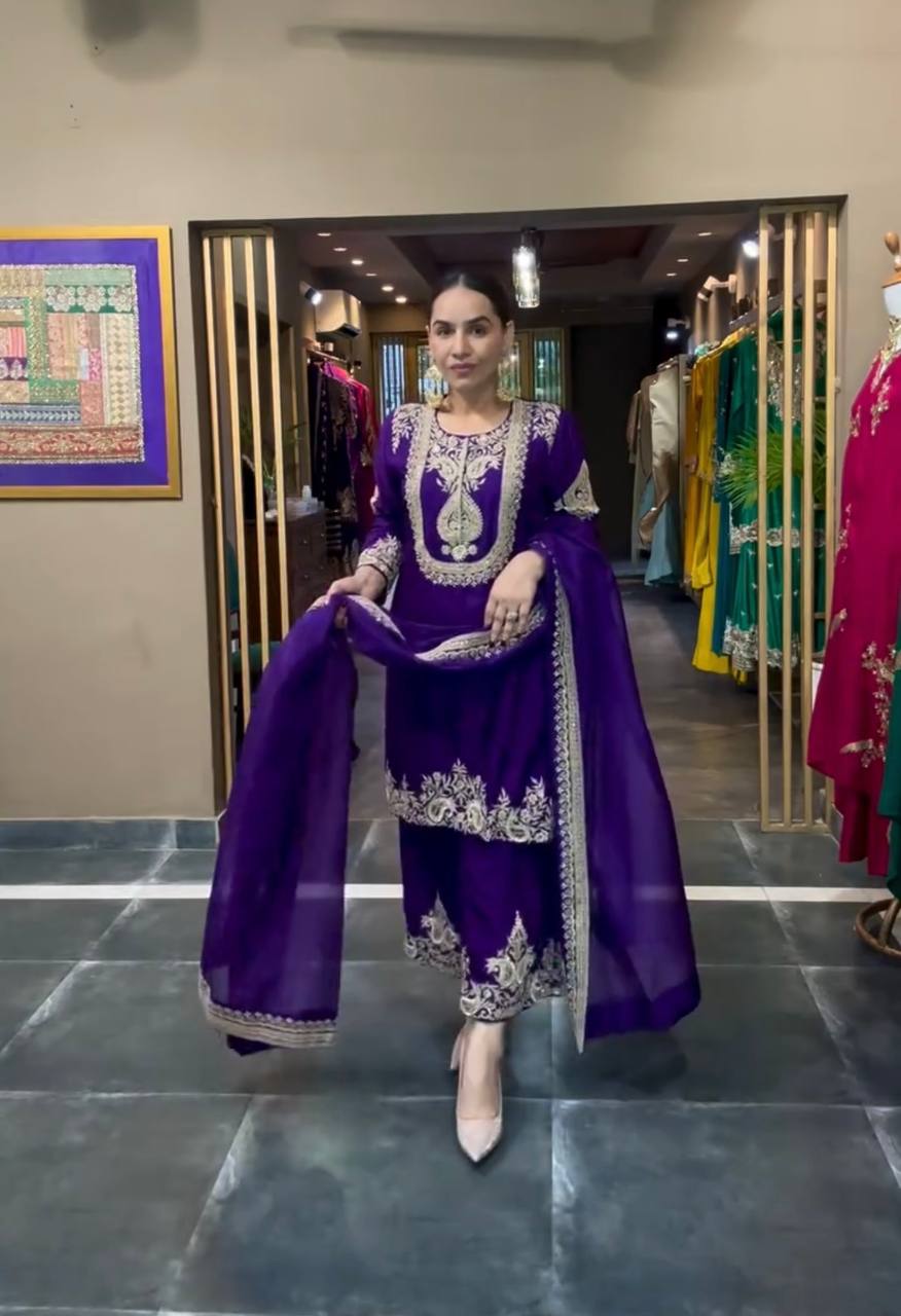 Designer Chinnon Silk Embroidered Suit Set with Pant & Dupatta | Party Wear Collection