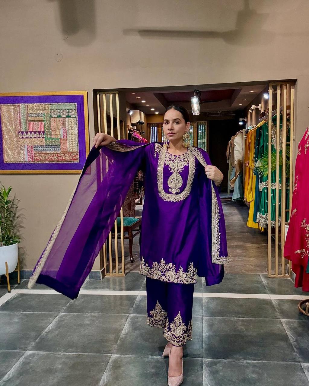 Designer Chinnon Silk Embroidered Suit Set with Pant & Dupatta | Party Wear Collection