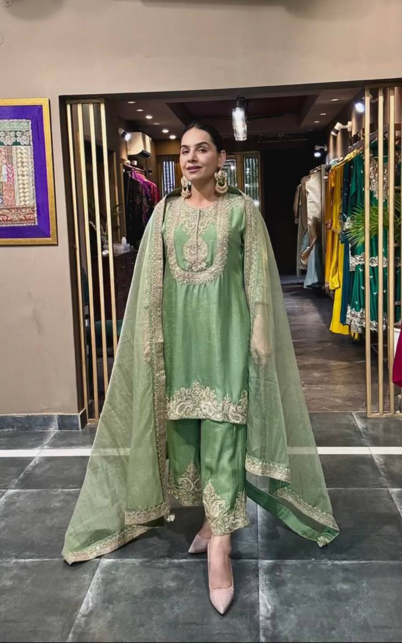 Designer Chinnon Silk Embroidered Suit Set with Pant & Dupatta | Party Wear Collection