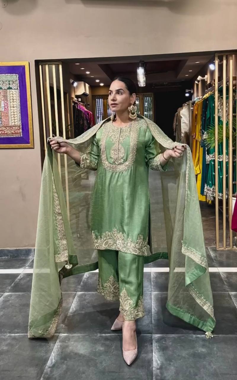 Designer Chinnon Silk Embroidered Suit Set with Pant & Dupatta | Party Wear Collection