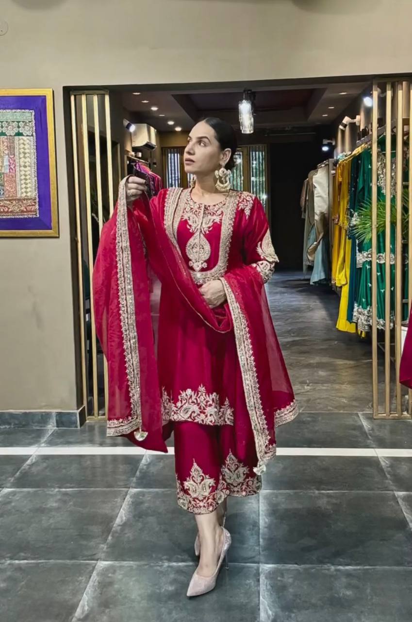 Designer Chinnon Silk Embroidered Suit Set with Pant & Dupatta | Party Wear Collection