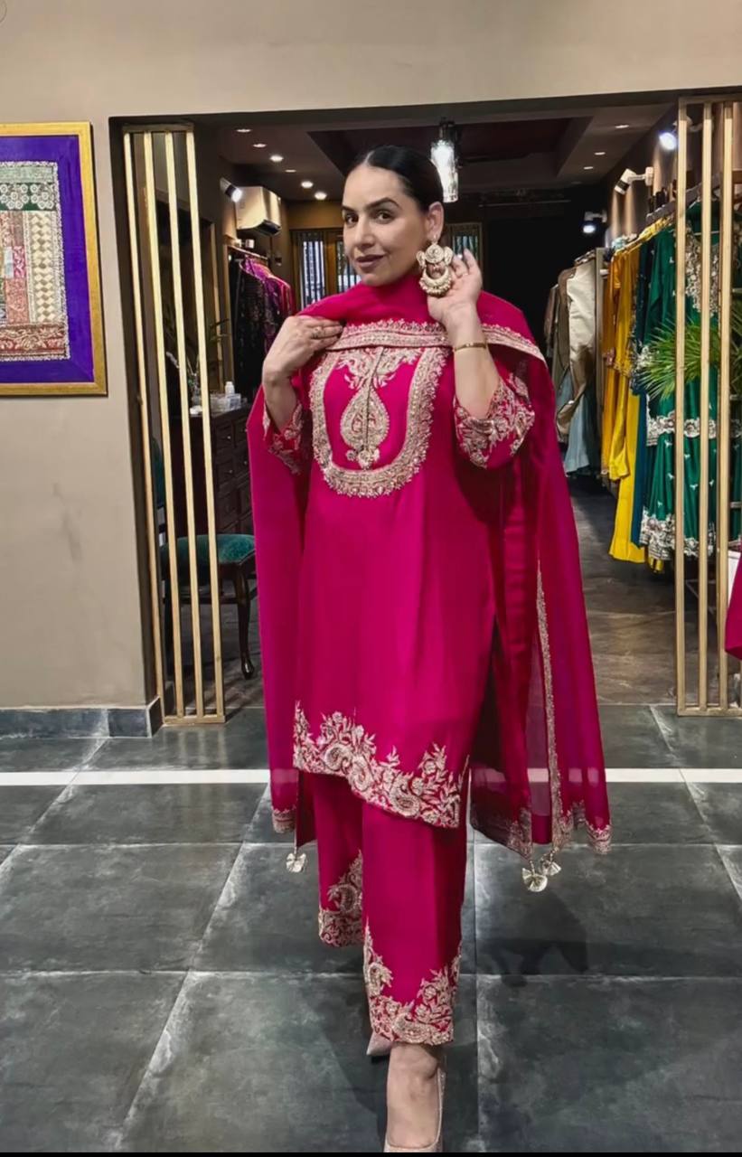 Designer Chinnon Silk Embroidered Suit Set with Pant & Dupatta | Party Wear Collection