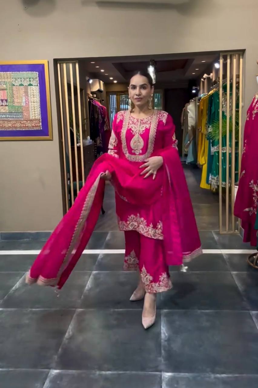 Designer Chinnon Silk Embroidered Suit Set with Pant & Dupatta | Party Wear Collection