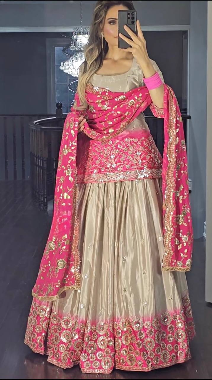Premium Chinon Silk Heavy Embroidered Lehenga Set With Dupatta – Designer Party Wear (Fully Stitched Top)
