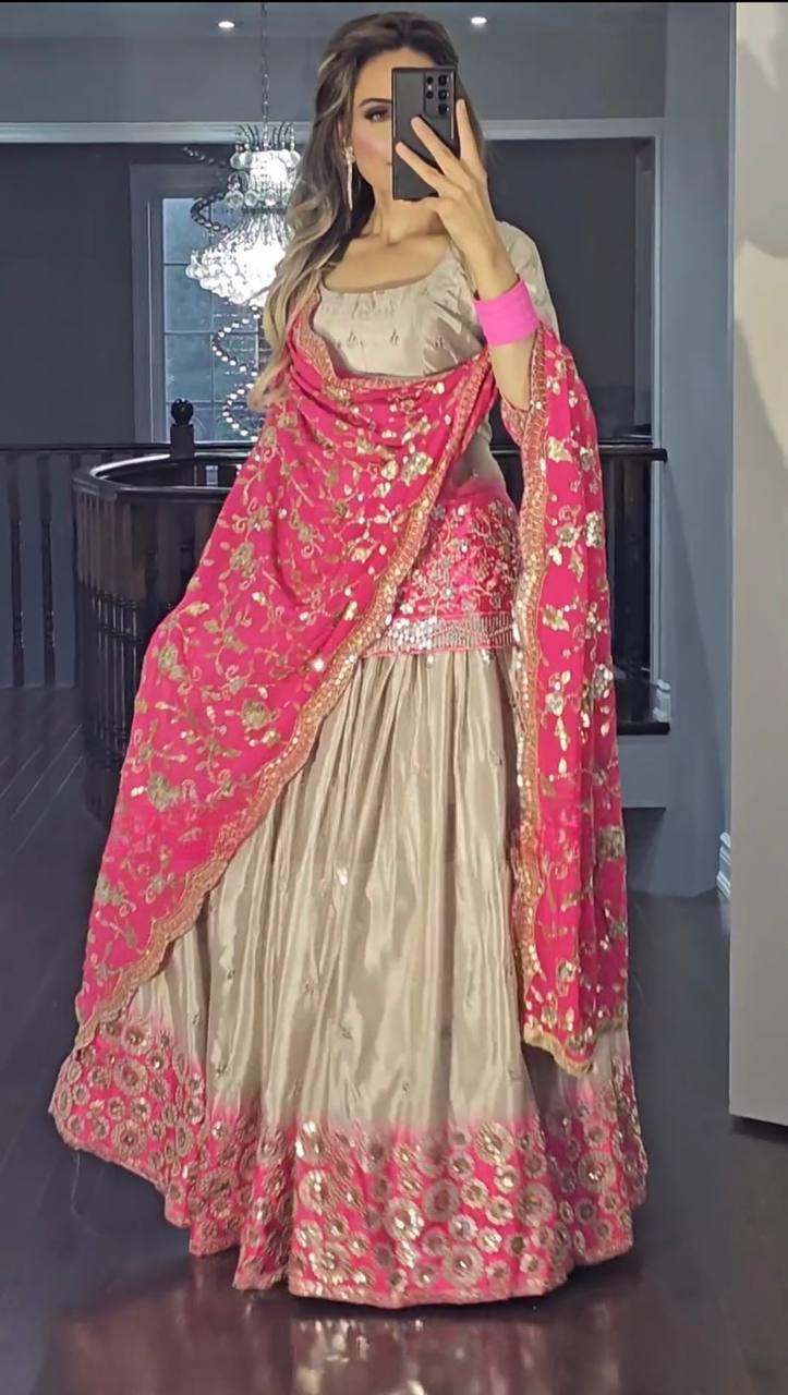 Premium Chinon Silk Heavy Embroidered Lehenga Set With Dupatta – Designer Party Wear (Fully Stitched Top)
