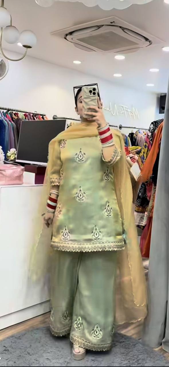 Designer Fendy Silk Embroidered Palazzo Suit with Dupatta | Party Wear Set