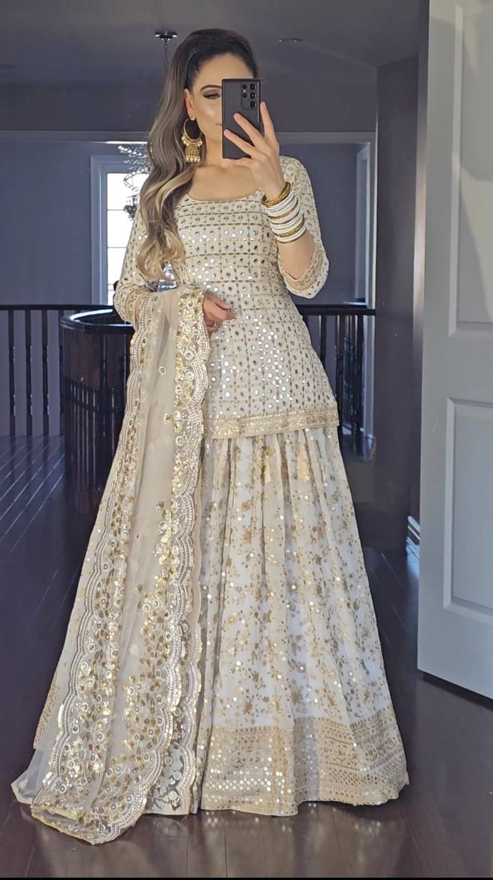 Premium White & Gold Sequence Embroidered Party Wear Top Lehenga Set | Fully Stitched | A-One Quality