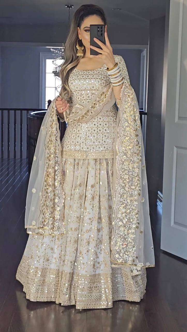 Premium White & Gold Sequence Embroidered Party Wear Top Lehenga Set | Fully Stitched | A-One Quality