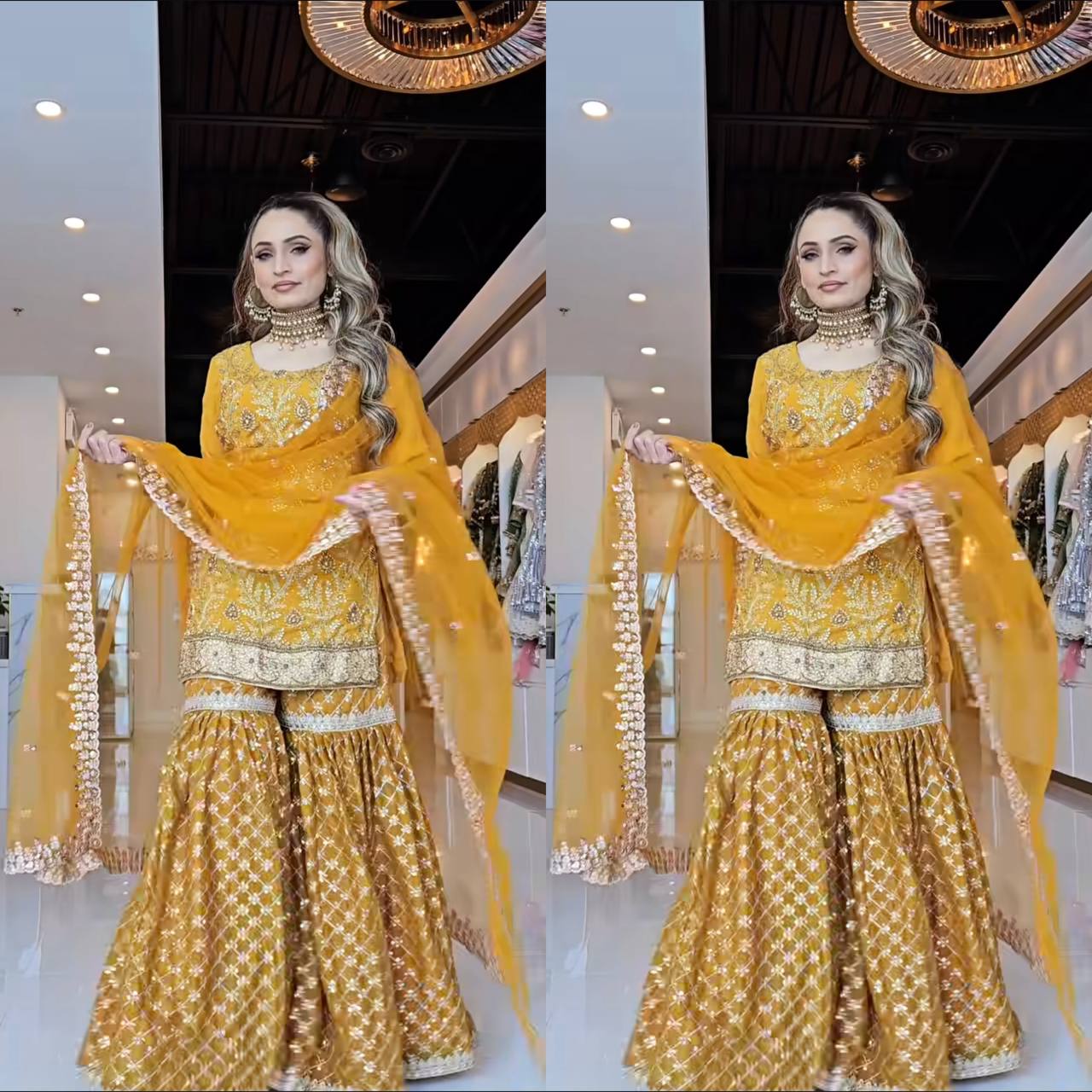 Designer Chinnon Silk Embroidered Sharara Suit with Net Dupatta – Premium Party Wear