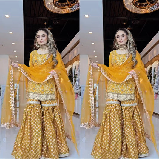 Designer Chinnon Silk Embroidered Sharara Suit with Net Dupatta – Premium Party Wear