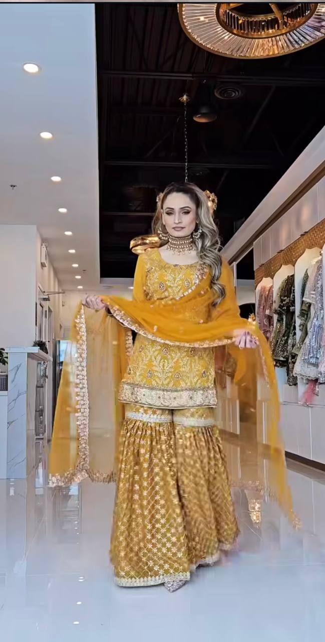 Designer Chinnon Silk Embroidered Sharara Suit with Net Dupatta – Premium Party Wear