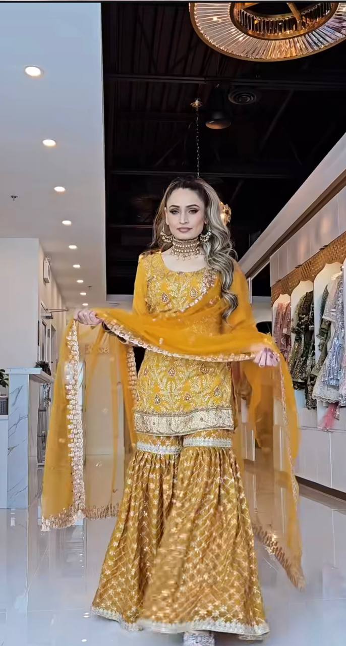 Designer Chinnon Silk Embroidered Sharara Suit with Net Dupatta – Premium Party Wear