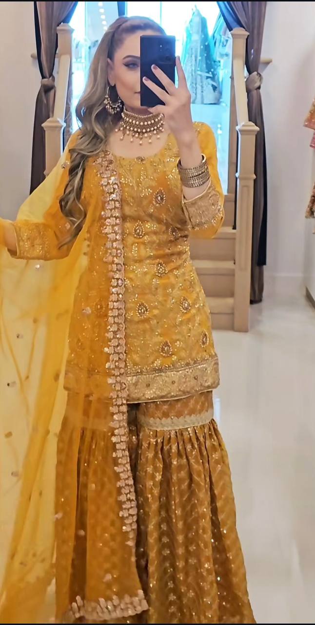 Designer Chinnon Silk Embroidered Sharara Suit with Net Dupatta – Premium Party Wear