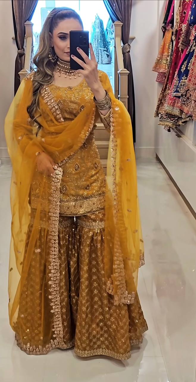 Designer Chinnon Silk Embroidered Sharara Suit with Net Dupatta – Premium Party Wear