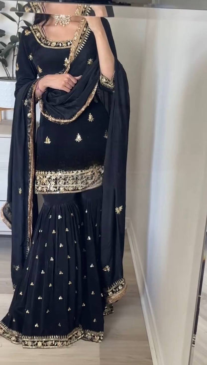 Designer Heavy Crepe Embroidered Sharara Palazzo Suit with Fancy Dupatta – Premium Party Wear