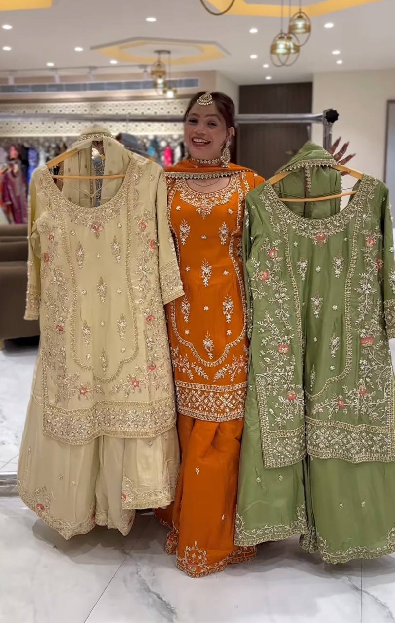 Designer Natural Crepe Embroidered Sharara Set with Dupatta – Party Wear Collection