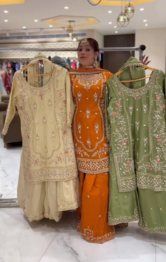 Designer Natural Crepe Embroidered Sharara Set with Dupatta – Party Wear Collection