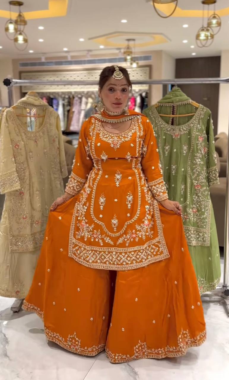 Designer Natural Crepe Embroidered Sharara Set with Dupatta – Party Wear Collection