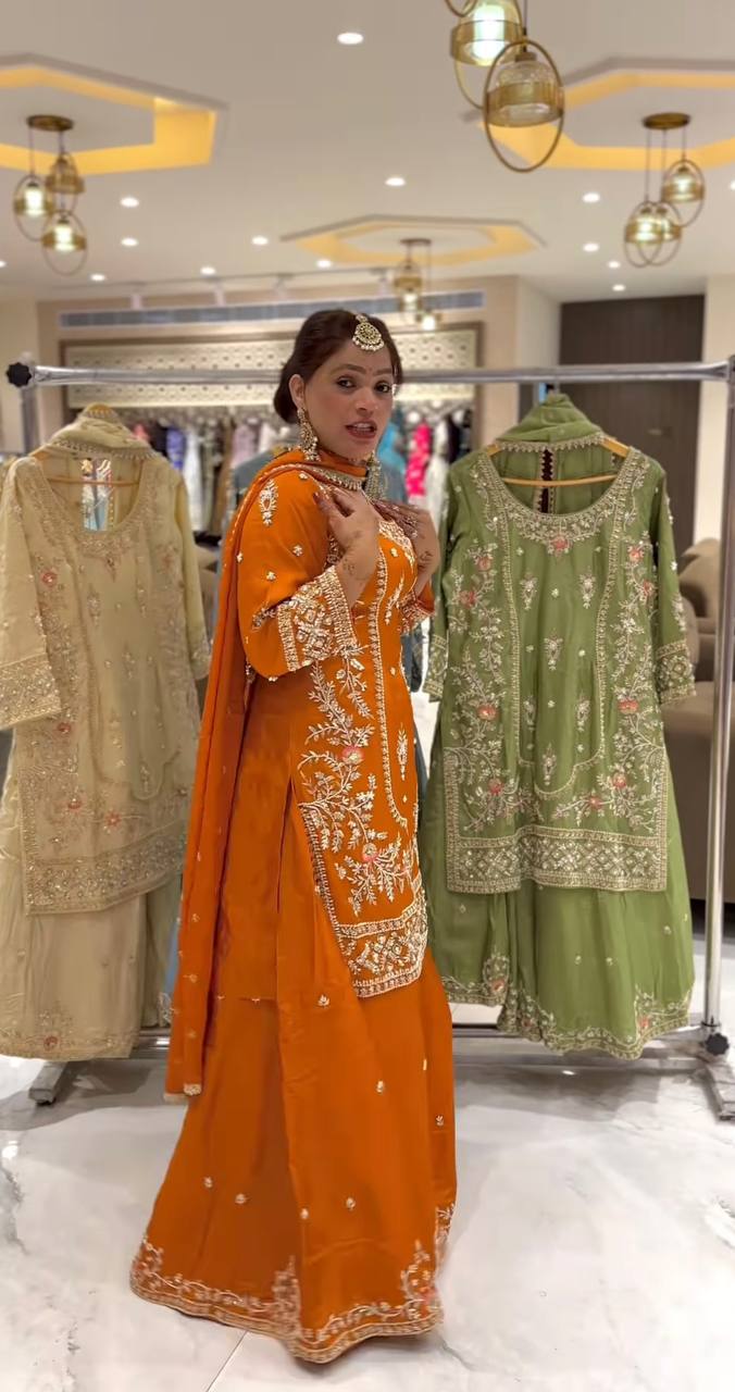 Designer Natural Crepe Embroidered Sharara Set with Dupatta – Party Wear Collection