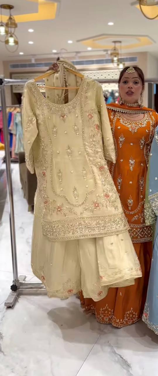 Designer Natural Crepe Embroidered Sharara Set with Dupatta – Party Wear Collection