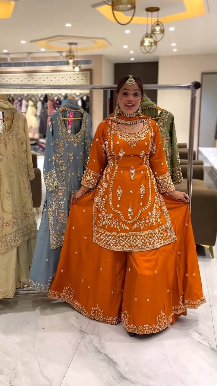 Designer Natural Crepe Embroidered Sharara Set with Dupatta – Party Wear Collection