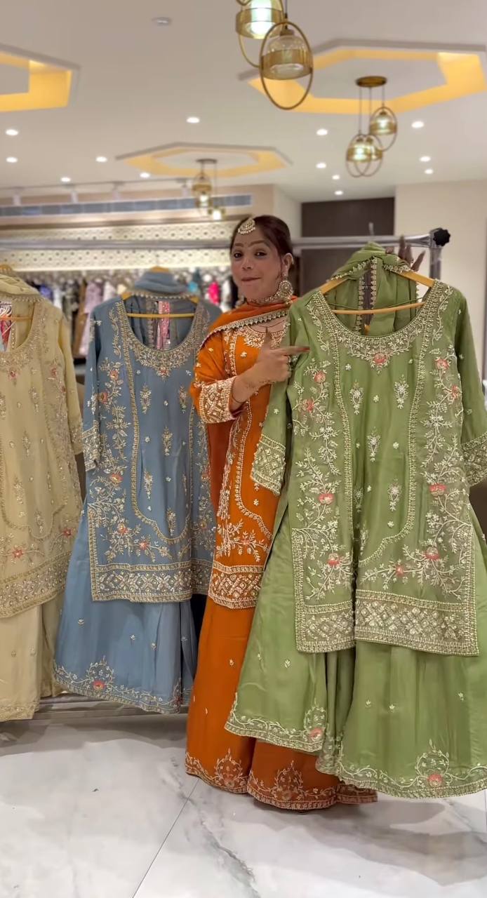 Designer Natural Crepe Embroidered Sharara Set with Dupatta – Party Wear Collection