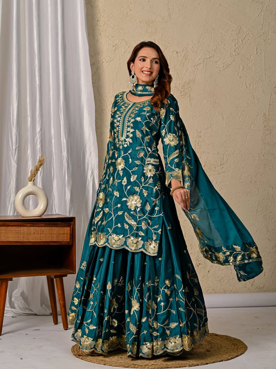 Designer Heavy Chinnon Silk Embroidered Top–Lehenga Set with Dupatta | Party Wear Collection