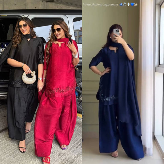 Designer Natural Crepe Silk Farshi Salwar Set with Handwork Top & Organza Dupatta