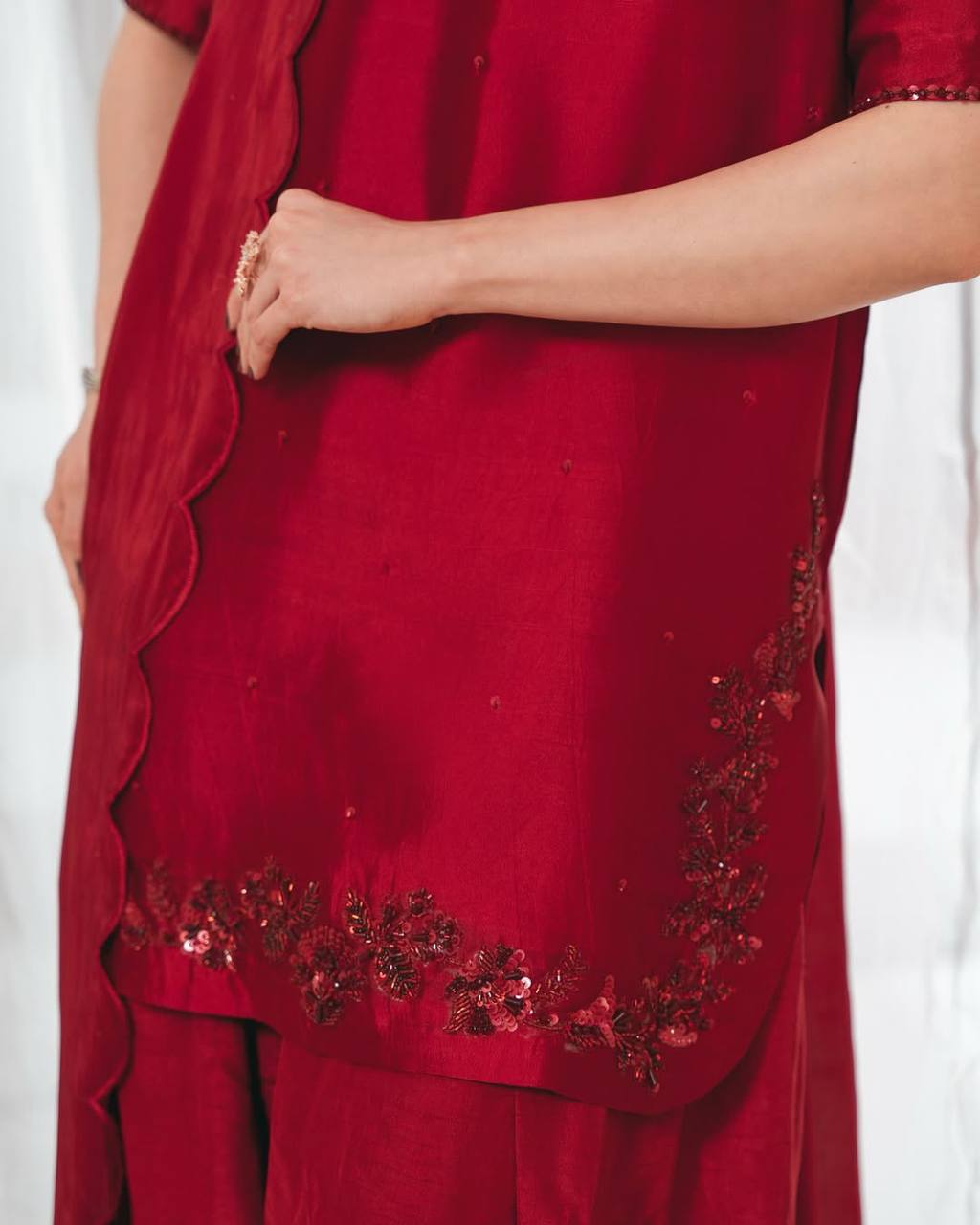 Designer Natural Crepe Silk Farshi Salwar Set with Handwork Top & Organza Dupatta