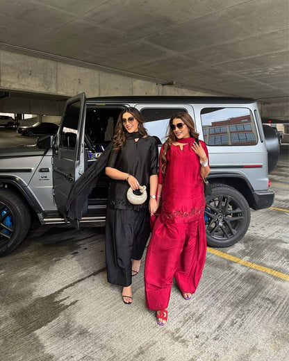 Designer Natural Crepe Silk Farshi Salwar Set with Handwork Top & Organza Dupatta