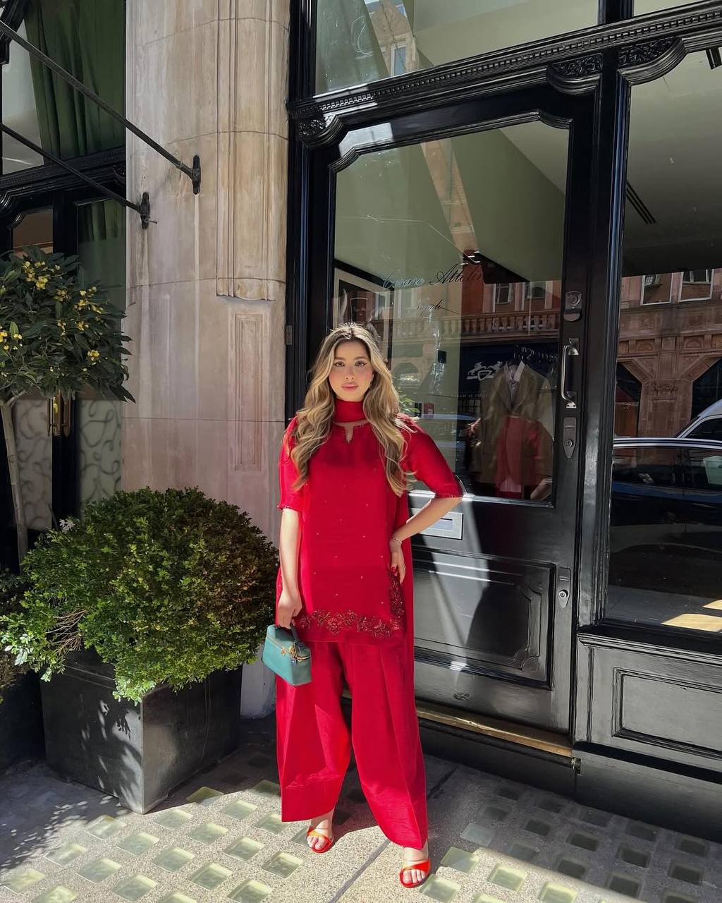 Designer Natural Crepe Silk Farshi Salwar Set with Handwork Top & Organza Dupatta