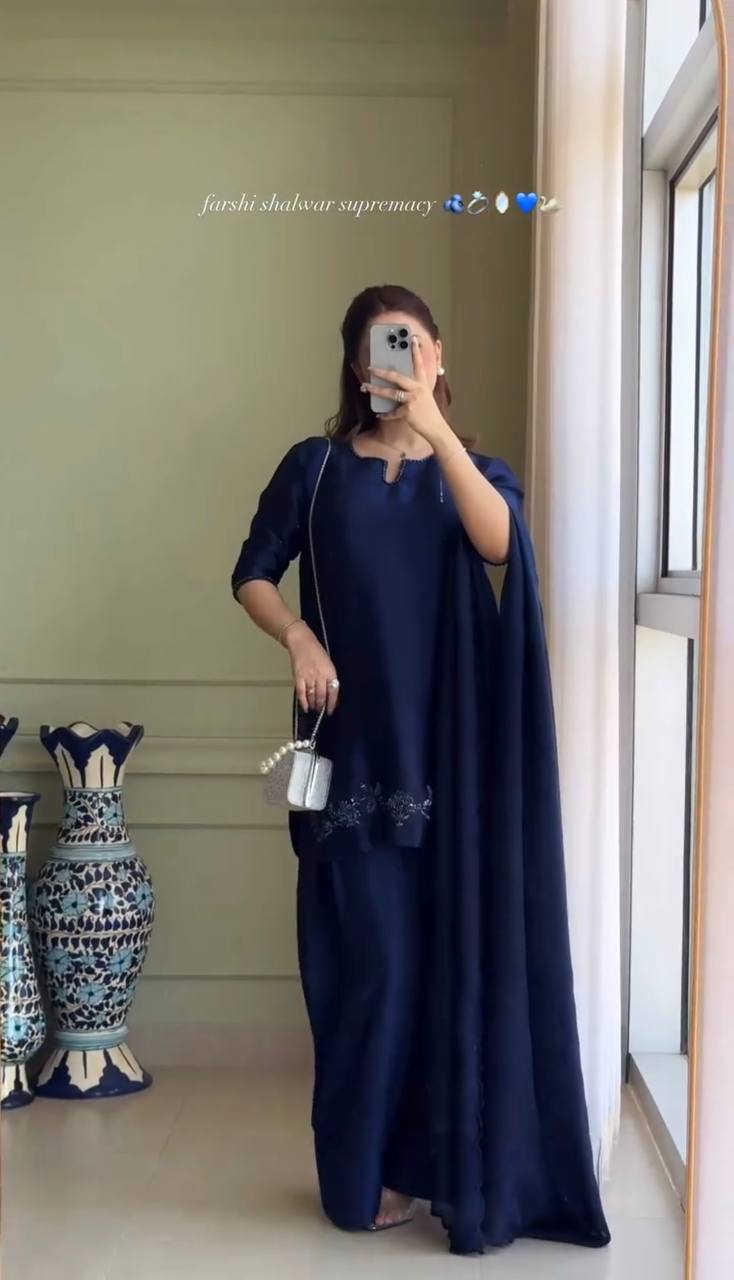 Designer Natural Crepe Silk Farshi Salwar Set with Handwork Top & Organza Dupatta