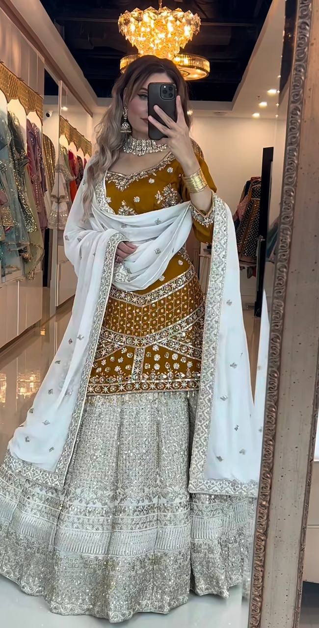 Designer Chinnon Silk Embroidered Lehenga Set with Dupatta – Mustard & White | Fully Stitched
