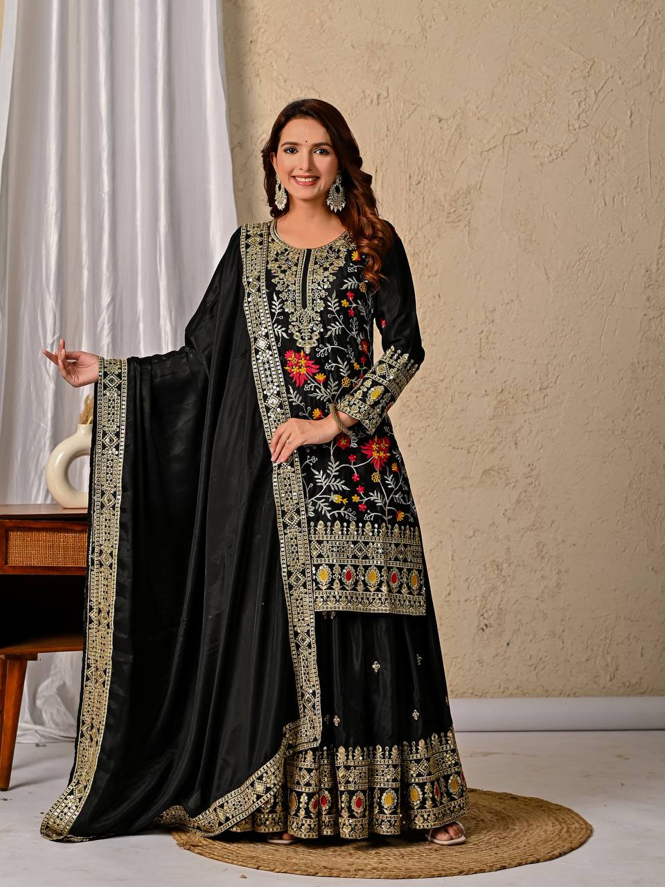 Designer Black Heavy Chinnon Silk Sharara Suit with Embroidery & Sequence Work | Party Wear Set