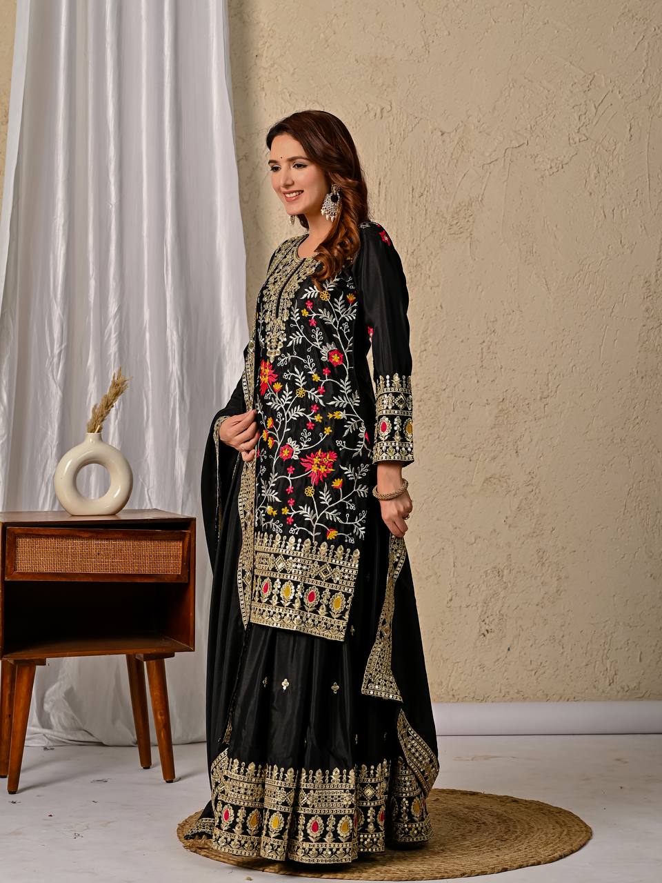 Designer Black Heavy Chinnon Silk Sharara Suit with Embroidery & Sequence Work | Party Wear Set
