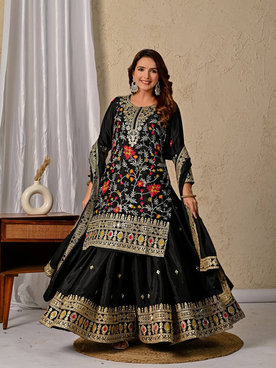 Designer Black Heavy Chinnon Silk Sharara Suit with Embroidery & Sequence Work | Party Wear Set