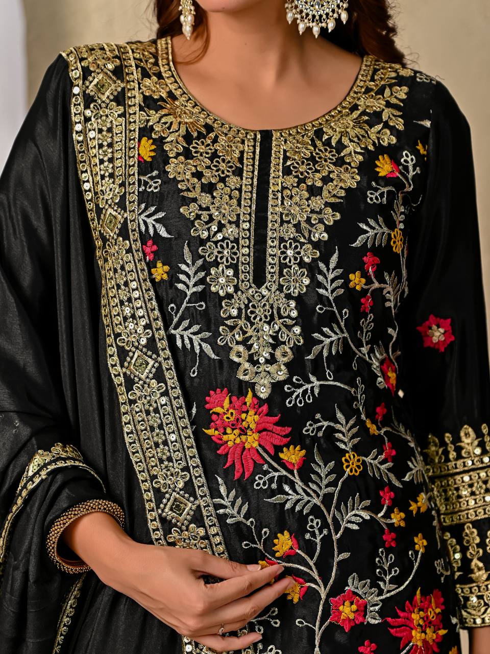 Designer Black Heavy Chinnon Silk Sharara Suit with Embroidery & Sequence Work | Party Wear Set