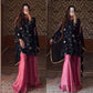 “Rani pink crushi silk garara palazzo suit with embroidered top.”