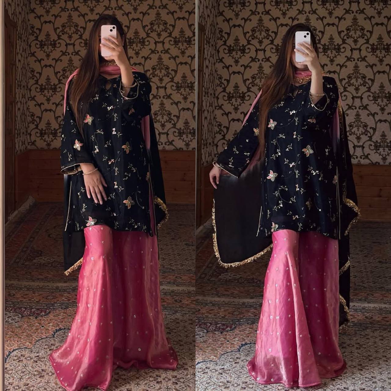 “Rani pink crushi silk garara palazzo suit with embroidered top.”