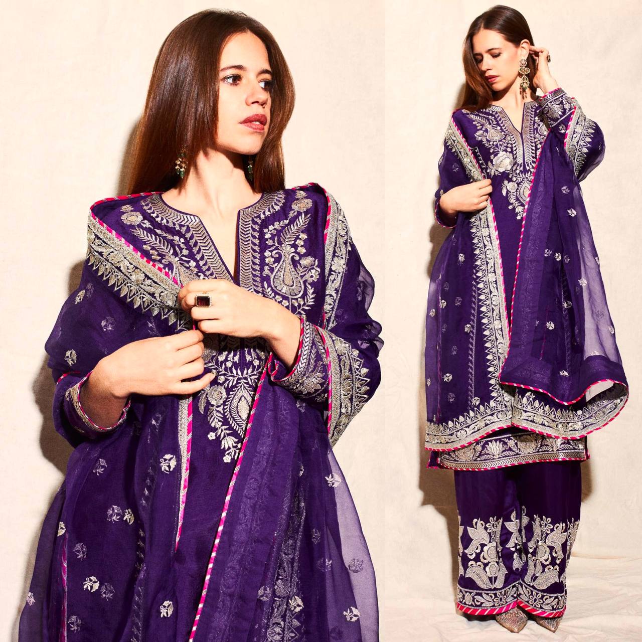 Pure Chinnon Silk Heavy Embroidered Suit with Palazzo & Dupatta – A One Quality