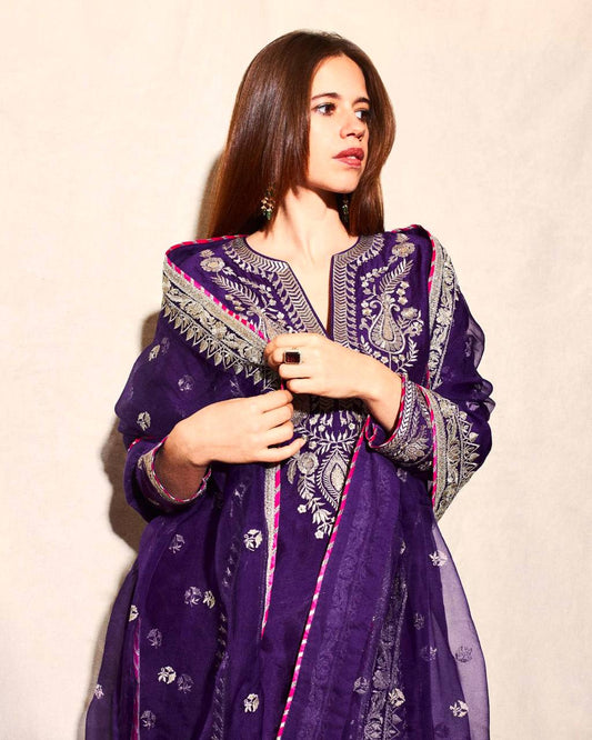 Pure Chinnon Silk Heavy Embroidered Suit with Palazzo & Dupatta – A One Quality