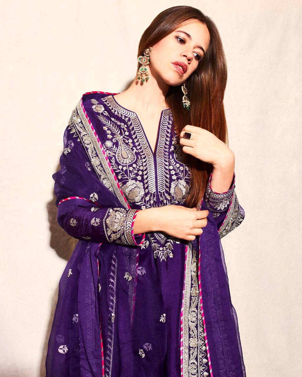 Pure Chinnon Silk Heavy Embroidered Suit with Palazzo & Dupatta – A One Quality