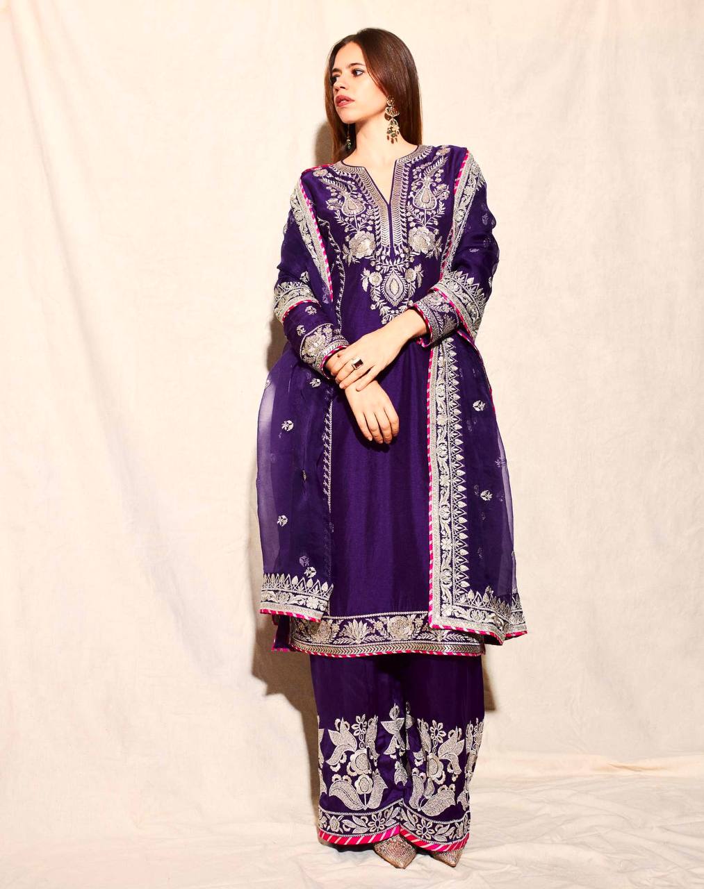 Pure Chinnon Silk Heavy Embroidered Suit with Palazzo & Dupatta – A One Quality