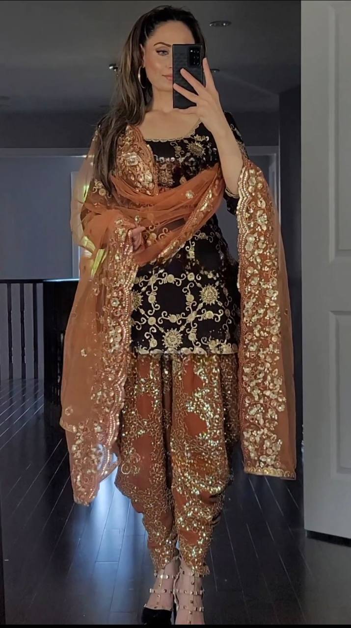 Designer Faux Georgette Heavy Embroidered Dhoti Salwar Set with Dupatta