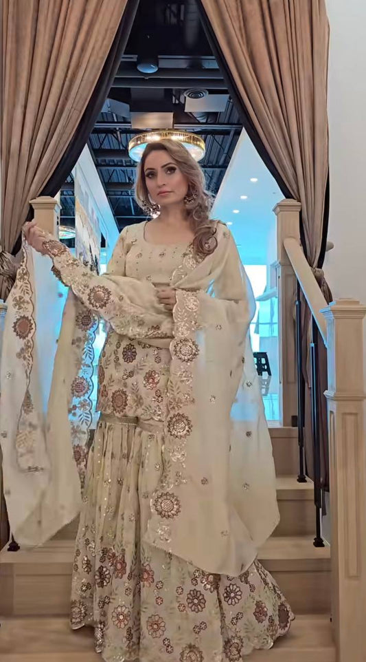 Designer Heavy Chinnon Silk Embroidered Sharara Suit with Dupatta – Party Wear Set