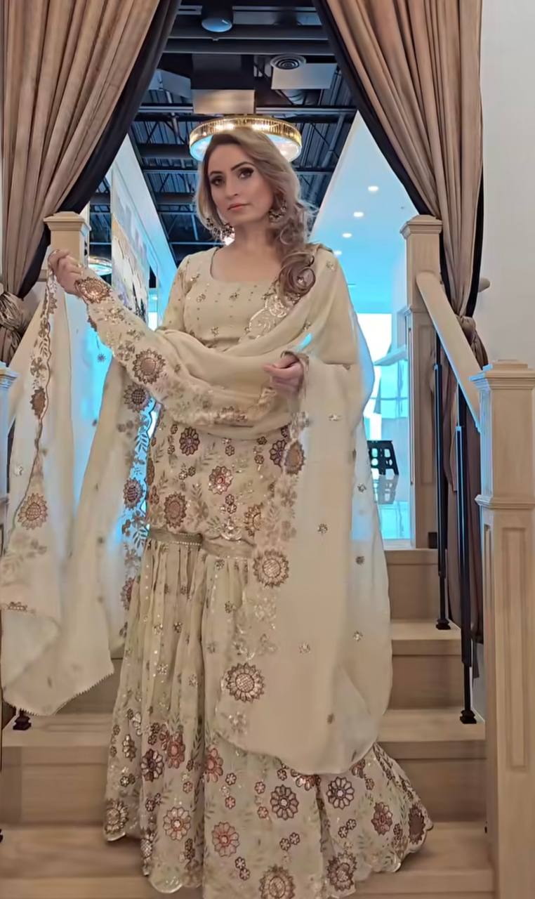 Designer Heavy Chinnon Silk Embroidered Sharara Suit with Dupatta – Party Wear Set