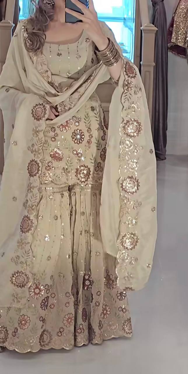 Designer Heavy Chinnon Silk Embroidered Sharara Suit with Dupatta – Party Wear Set
