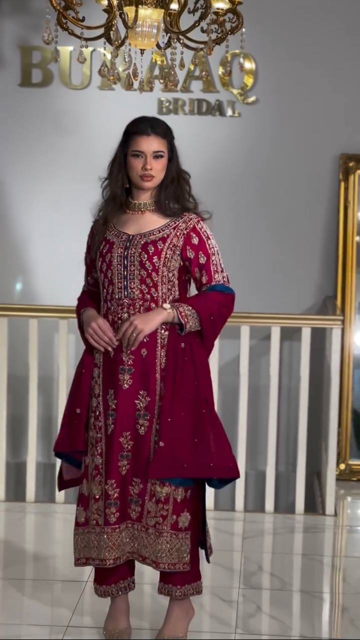 Designer Pakistani Party Wear Pure Chinnon Silk Suit with Pant & Dupatta – Heavy Sequence Embroidery