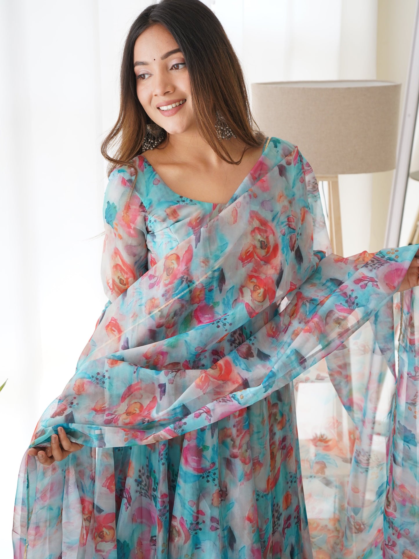 Tabby Organza Silk Kali Pattern Flared Gown with Canvas Patta Dupatta and Pant Set - Jaipuri Vastra