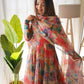 Tabby Organza Silk Kali Pattern Flared Gown with Canvas Patta Dupatta and Pant Set - Jaipuri Vastra
